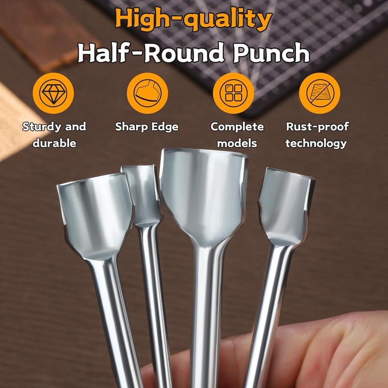 Yizzvb 14 Sizes Leather Corner Punch, Half-Round Punch Set, Leather End Punch with Double Sided Nylon Hammer for Belts, Purses and DIY Products, 10-40mm - Image 4